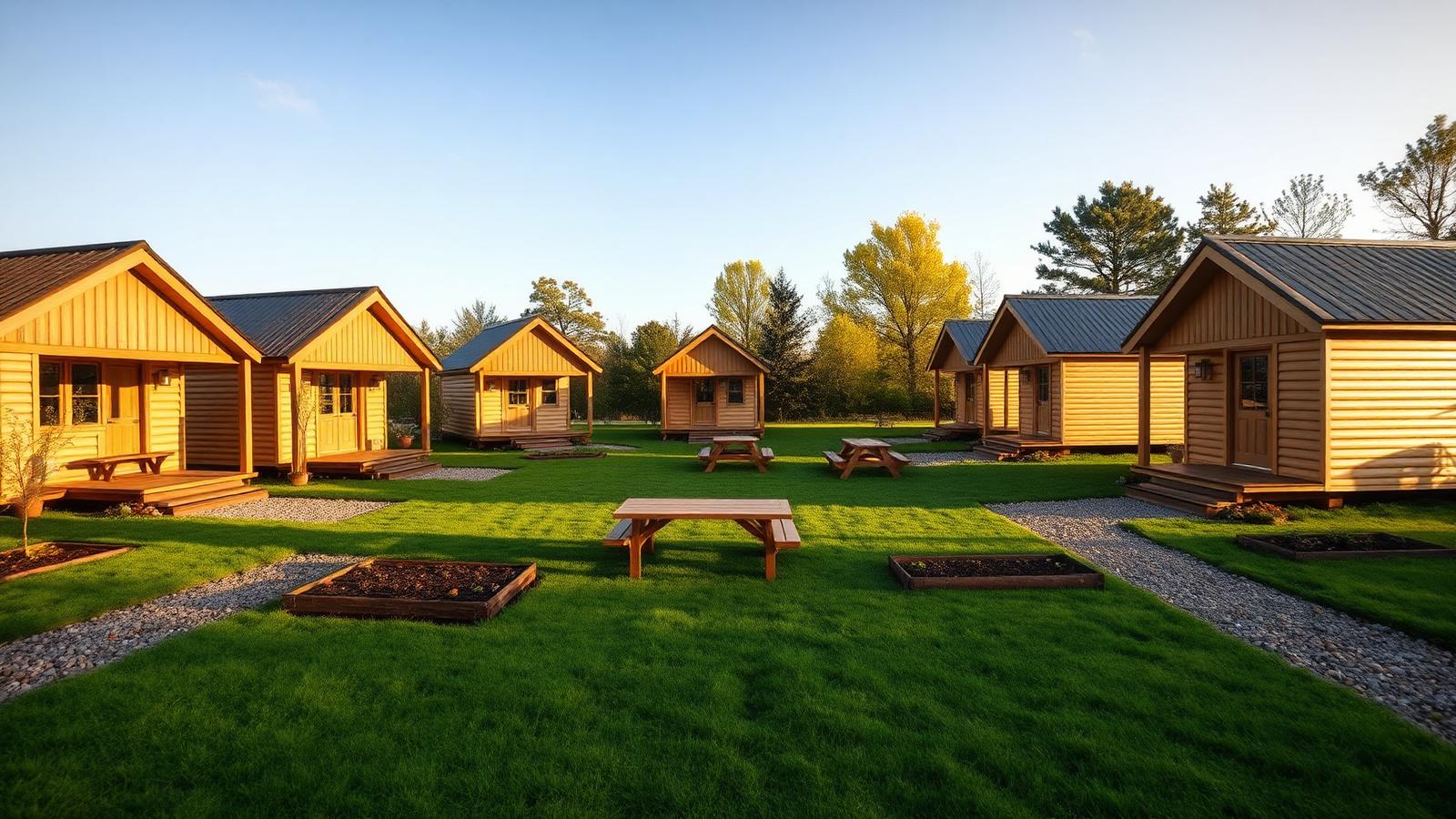 Common-land tiny home village tiny home design with garden Six pitched-roof cabins arranged around a shared lawn with picnic tables. Images and Photos created by www.house-and-garden-designs.com