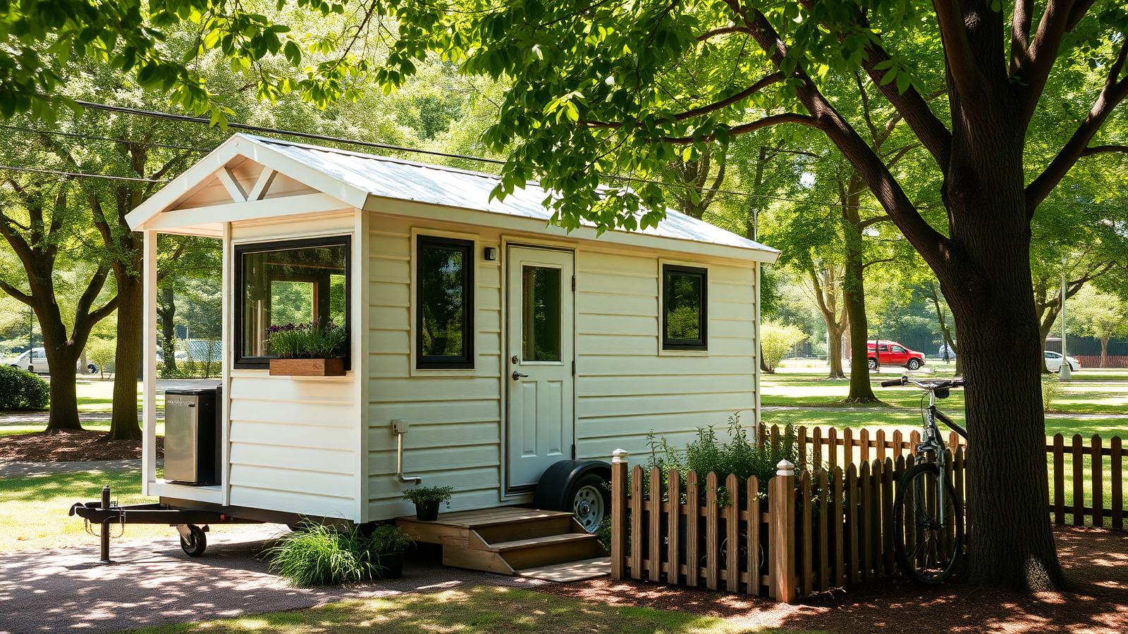 Rented pad in a parkland setting tiny home design with garden A white towable tiny home on a hired pad. Images and Photos created by www.house-and-garden-designs.com