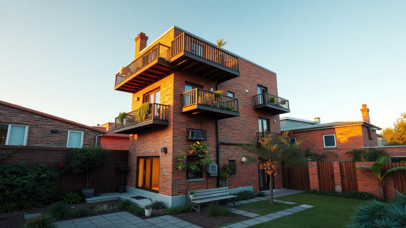 Stacked micro building of four dwellings tiny home design with garden A compact two-storey brick building holding only four tiny. Images and Photos created by www.house-and-garden-designs.com
