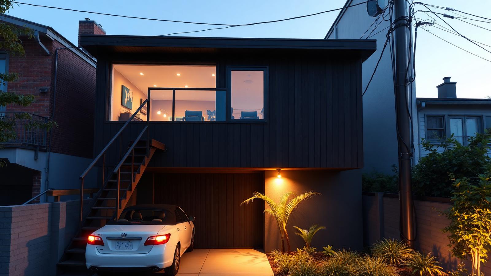 Tiny home above the carport tiny home design with garden A dark clad studio built over an existing carport with. Images and Photos created by www.house-and-garden-designs.com