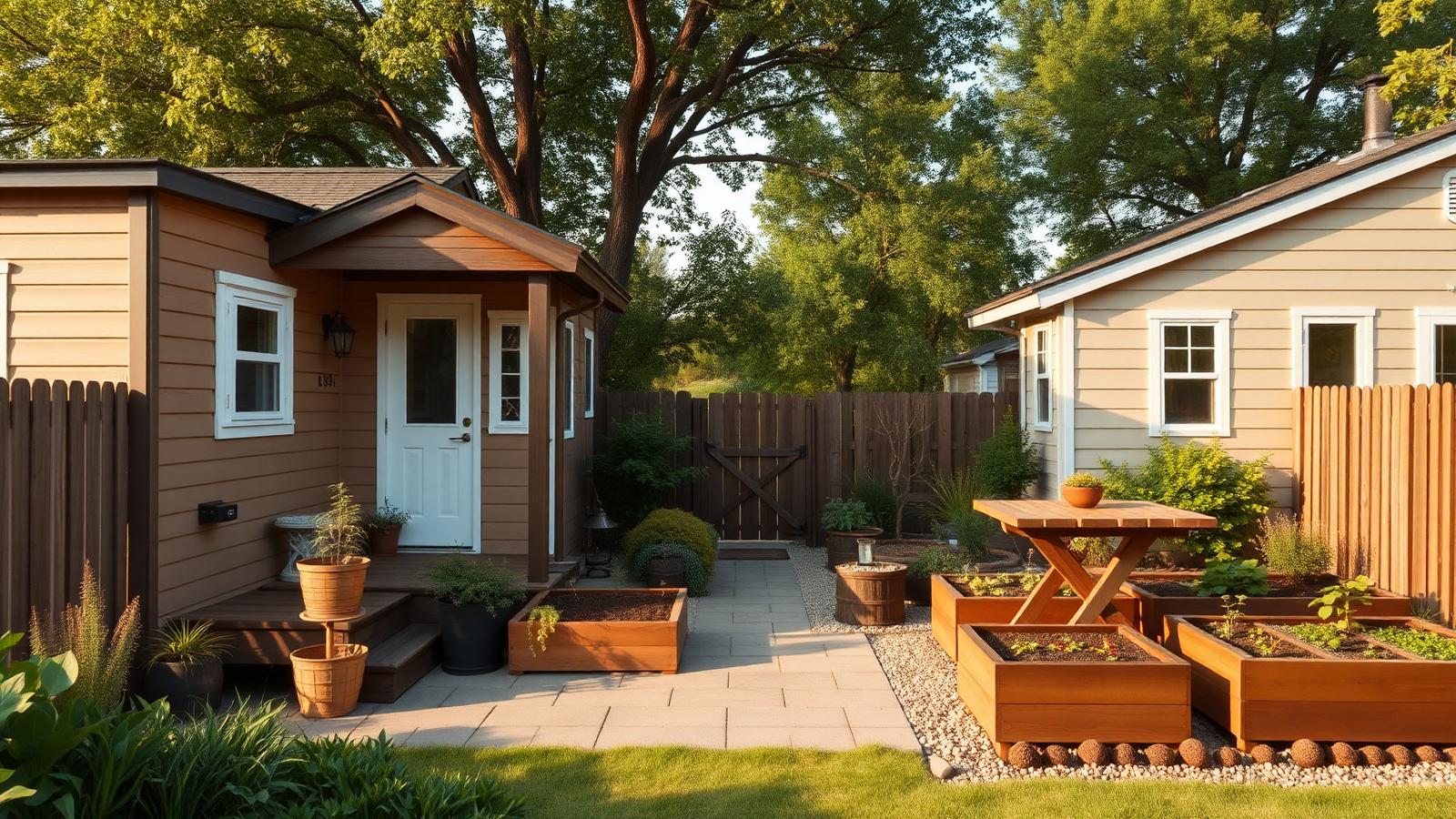Two homes, one block, shared garden tiny home design with garden A cabin at the front and another at the. Images and Photos created by www.house-and-garden-designs.com