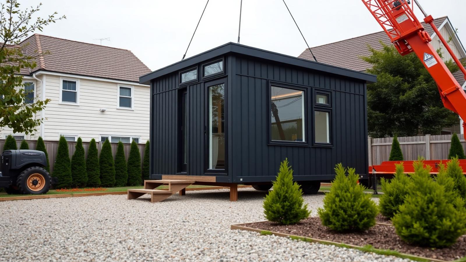 Prefabricated module craned into place tiny home design with garden A finished dark module lowered onto a suburban site with. Images and Photos created by www.house-and-garden-designs.com