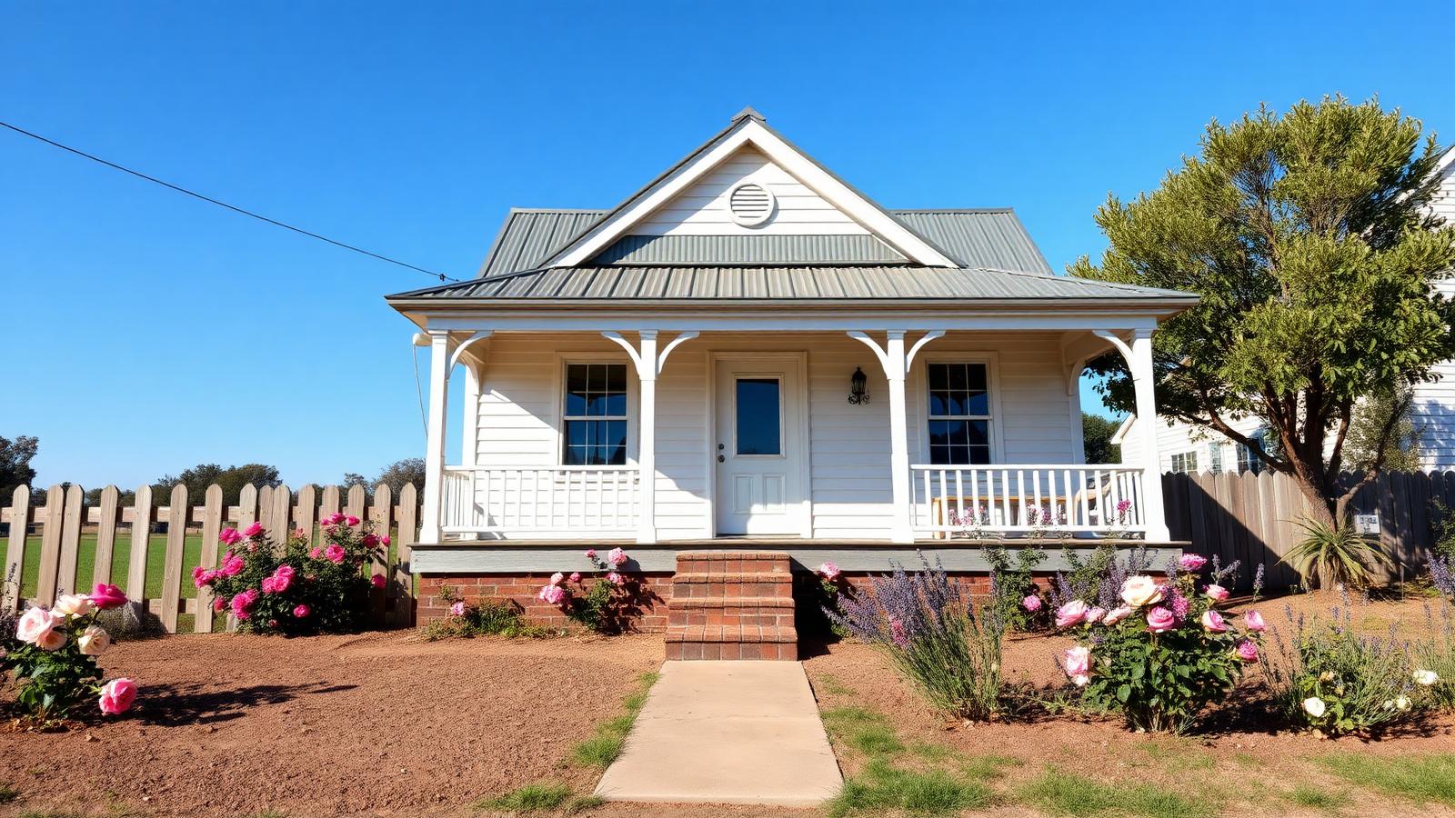 Regional town cottage on cheap land tiny home design with garden A small weatherboard cottage with a wide verandah, picket. Images and Photos created by www.house-and-garden-designs.com
