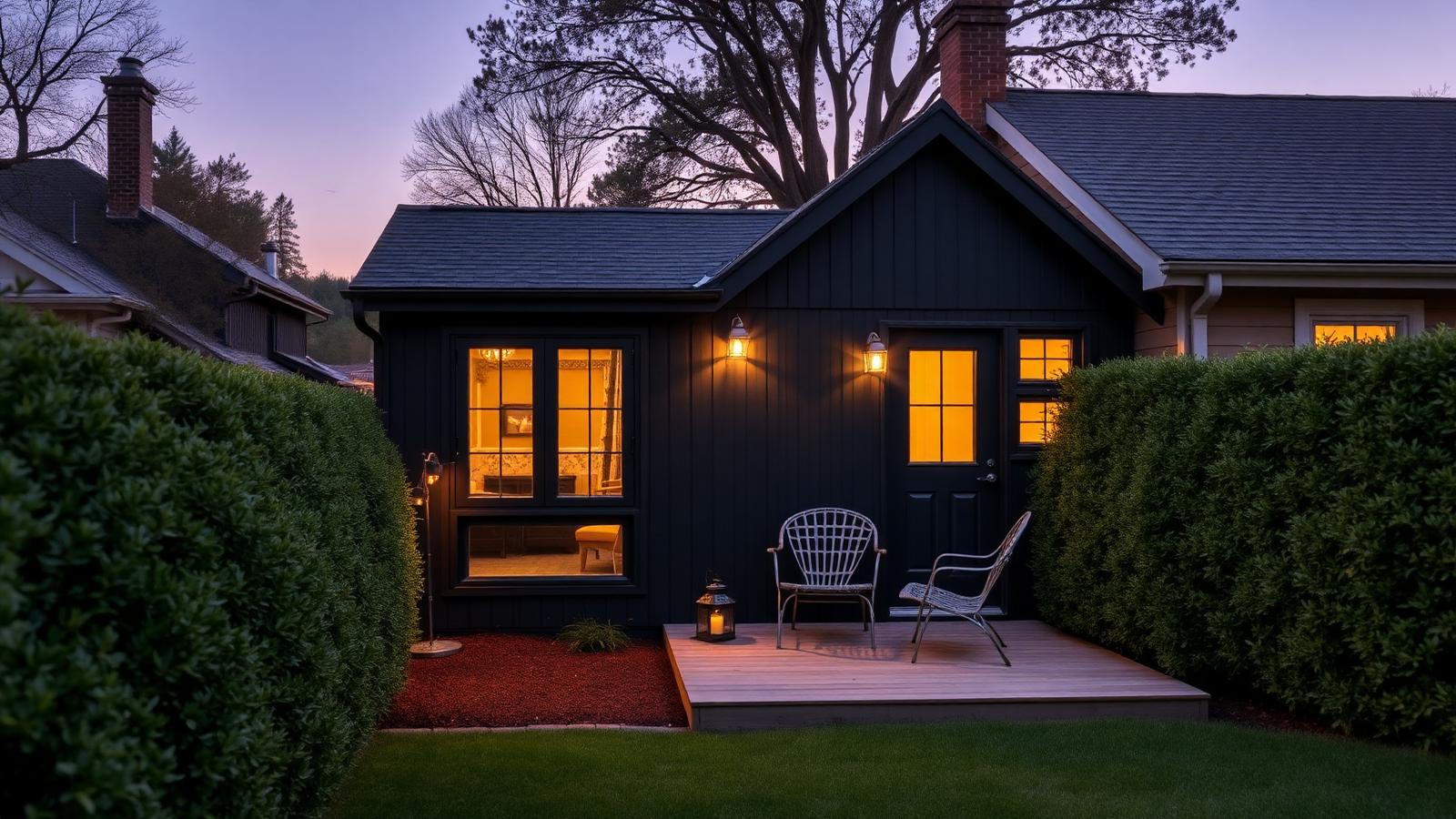 Income cabin beside the main house tiny home design with garden A black timber cabin with a hedged private entry. Images and Photos created by www.house-and-garden-designs.com
