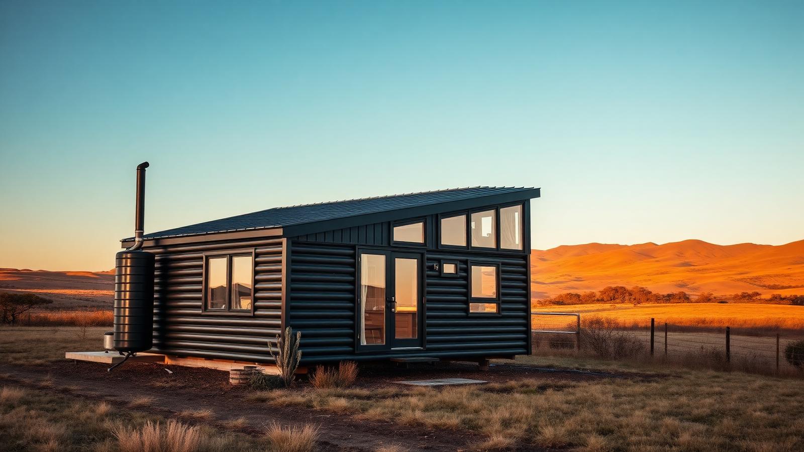 Leased rural paddock home tiny home design with garden A black steel cabin on a leased paddock with a water. Images and Photos created by www.house-and-garden-designs.com