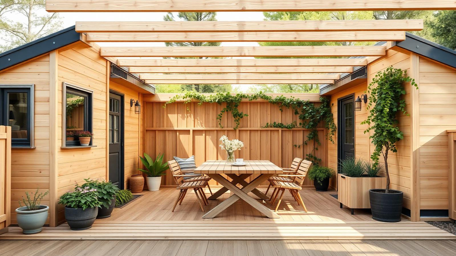 Two cabins joined by a shared deck tiny home design with garden A pair of light timber cabins linked by. Images and Photos created by www.house-and-garden-designs.com