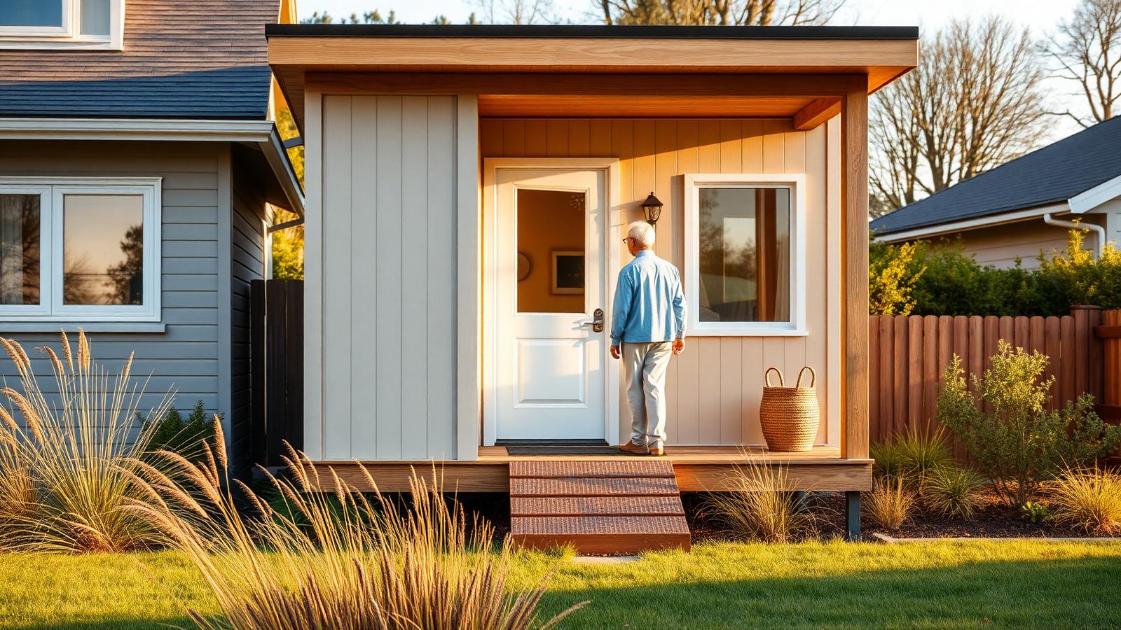 Downsizer cottage on the family block tiny home design with garden A single level home with a gentle ramp, wide. Images and Photos created by www.house-and-garden-designs.com