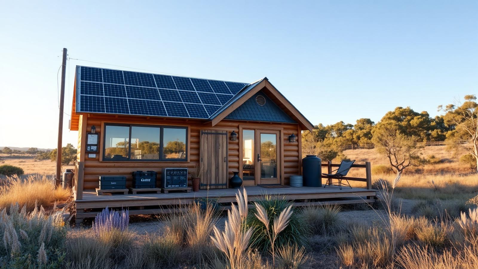Fully off-grid, near-zero running costs tiny home design with garden A timber cabin with a roof solar array, batteries in. Images and Photos created by www.house-and-garden-designs.com