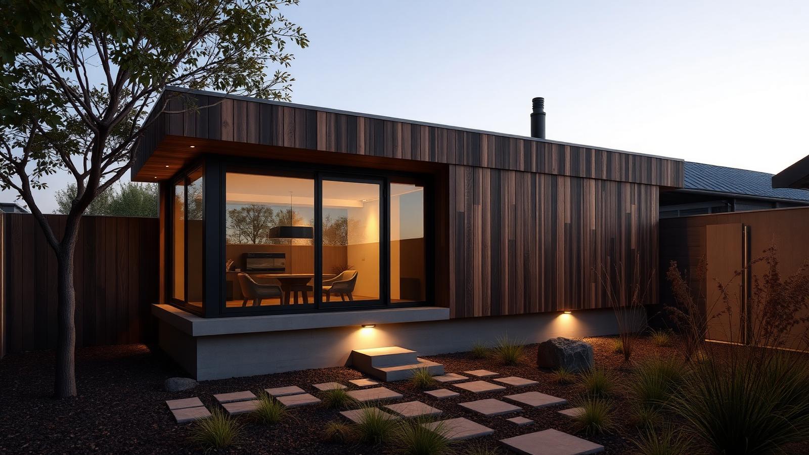 The premium tiny home and its problem tiny home design with garden Charred timber cladding, a concrete plinth, frameless glazing. Images and Photos created by www.house-and-garden-designs.com