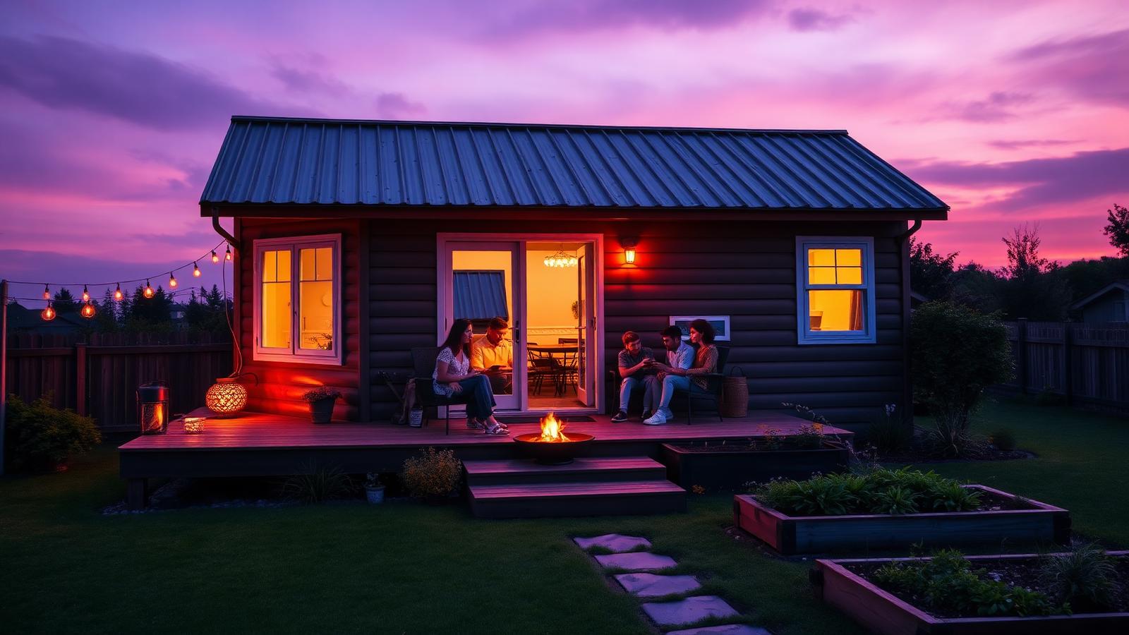 The answer, on a small deck at dusk tiny home design with garden Warm light in the windows, a family. Images and Photos created by www.house-and-garden-designs.com
