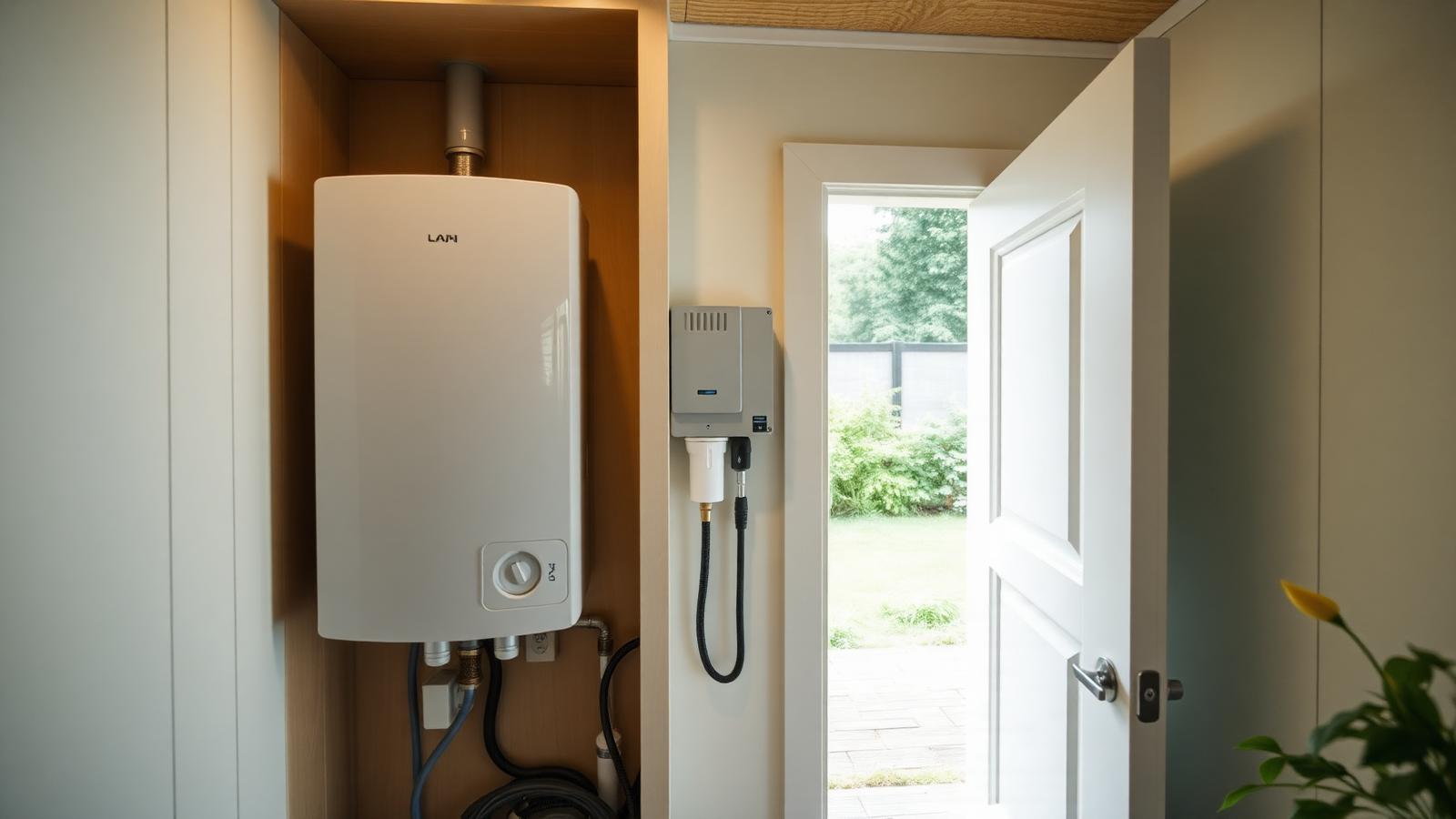 One services wall, all in one cupboard tiny home design with garden Hot water unit, switchboard, pump and filter grouped. Images and Photos created by www.house-and-garden-designs.com