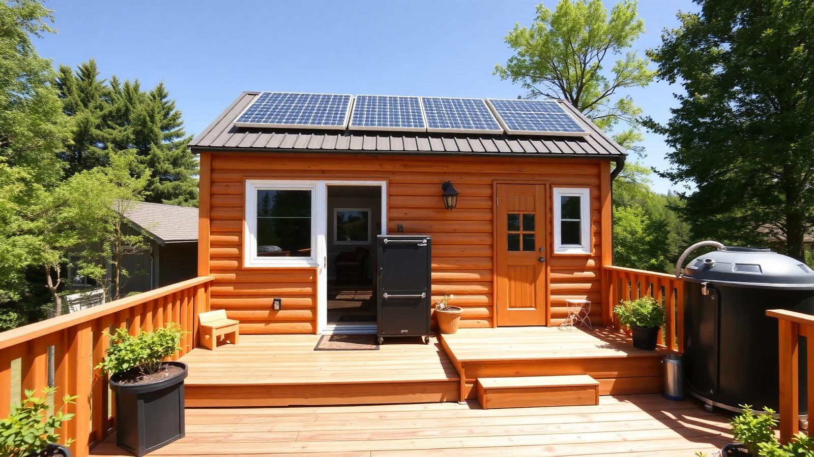 Solar, battery and rainwater sized to real use tiny home design with garden Roof array, battery cabinet on the deck. Images and Photos created by www.house-and-garden-designs.com