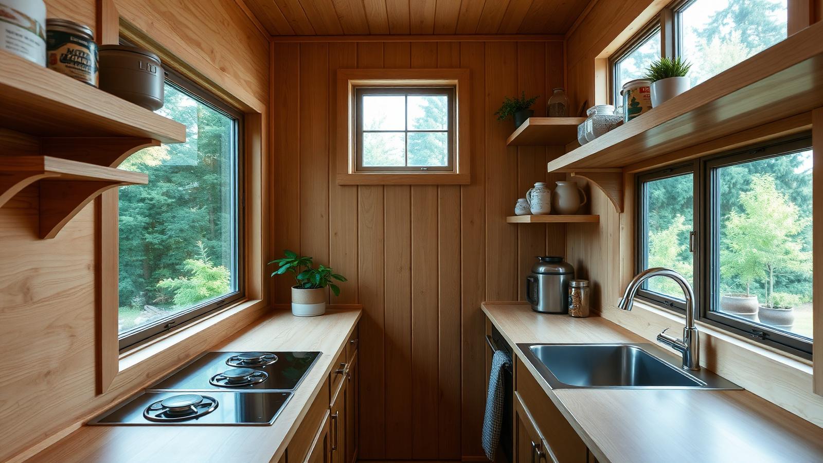 The kitchen a galley that actually works tiny home design with garden Plywood joinery, two burners, a deep single sink. Images and Photos created by www.house-and-garden-designs.com