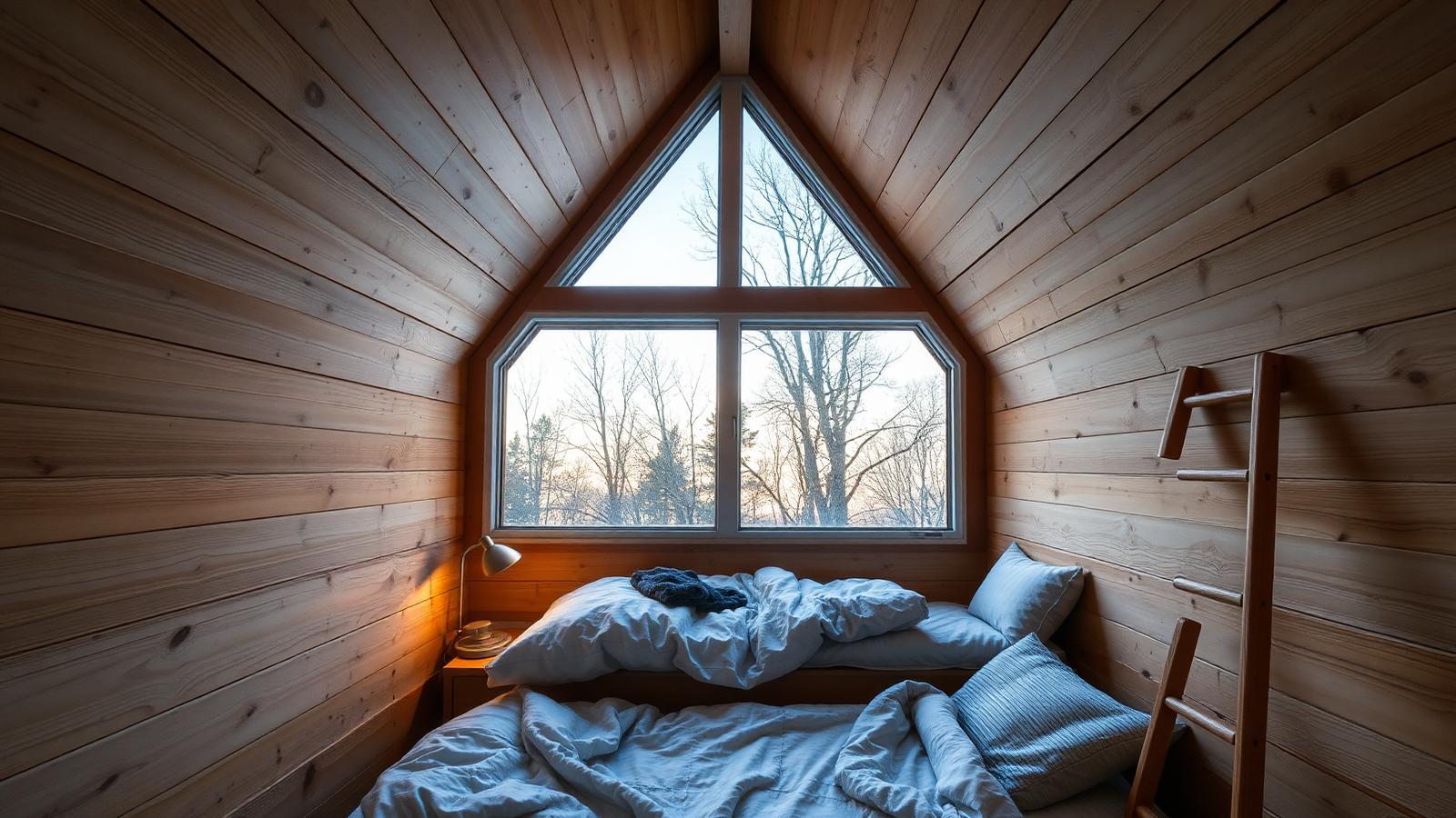 The sleeping loft headroom, air and light tiny home design with garden A low bed under a gable window with. Images and Photos created by www.house-and-garden-designs.com