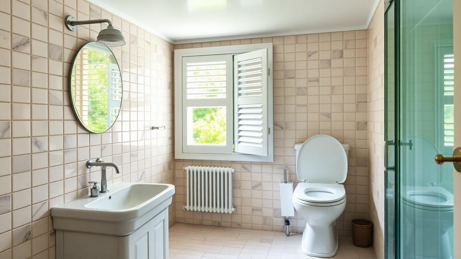 The bathroom a wet room that dries out tiny home design with garden A fully tiled wet area, compact vanity. Images and Photos created by www.house-and-garden-designs.com