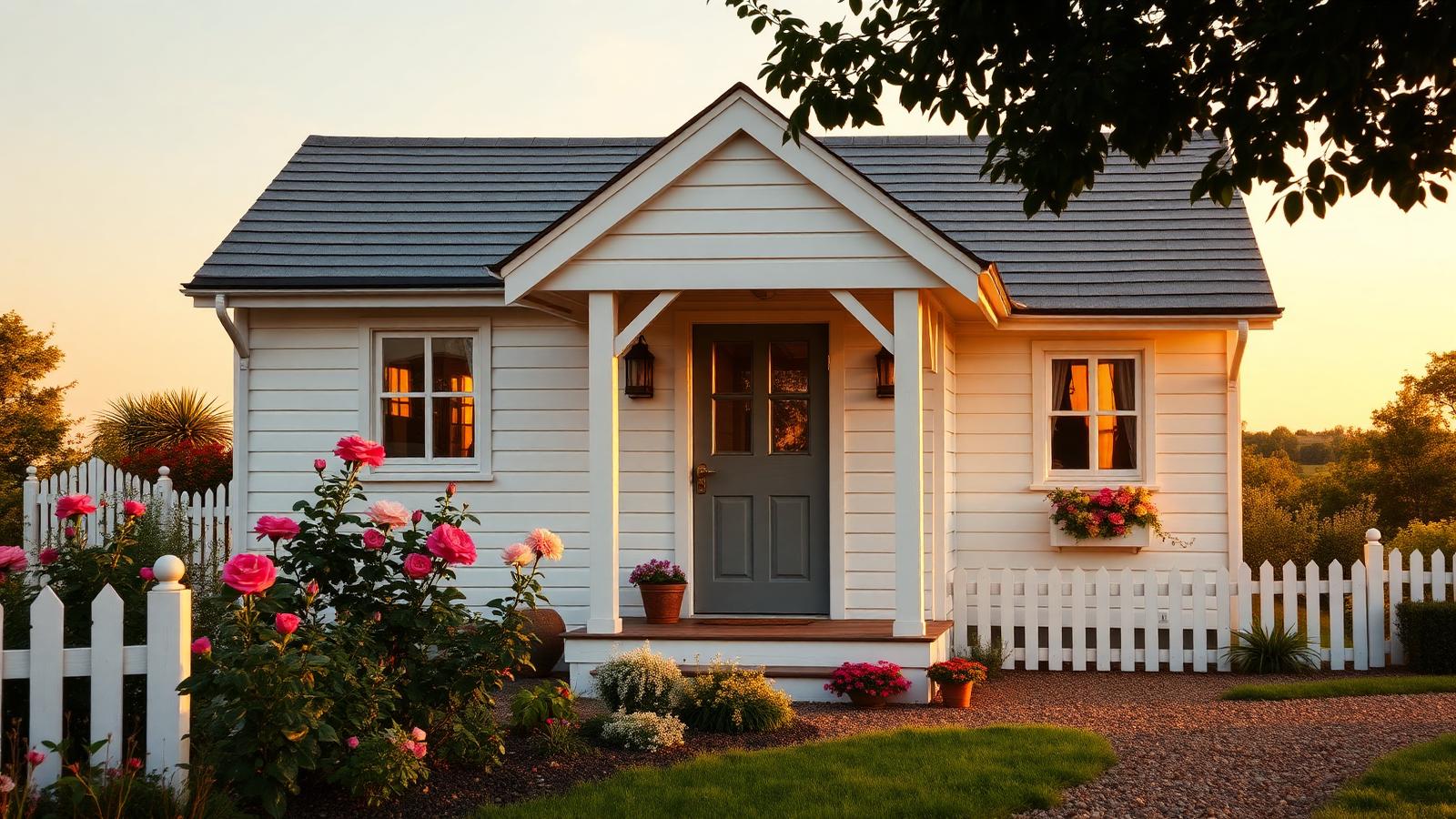 Finished cottage build with a planted front garden tiny home design with garden White weatherboard, a gabled entry porch, roses. Images and Photos created by www.house-and-garden-designs.com