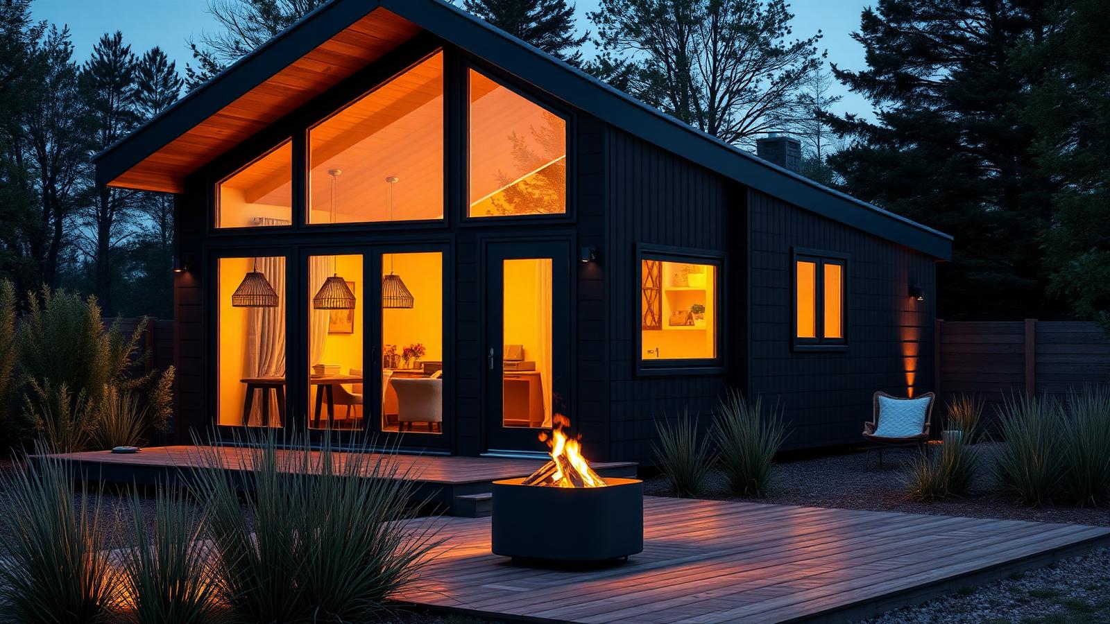 Finished modern build with a glazed gable tiny home design with garden Black cladding, a full-height glass gable, timber deck. Images and Photos created by www.house-and-garden-designs.com