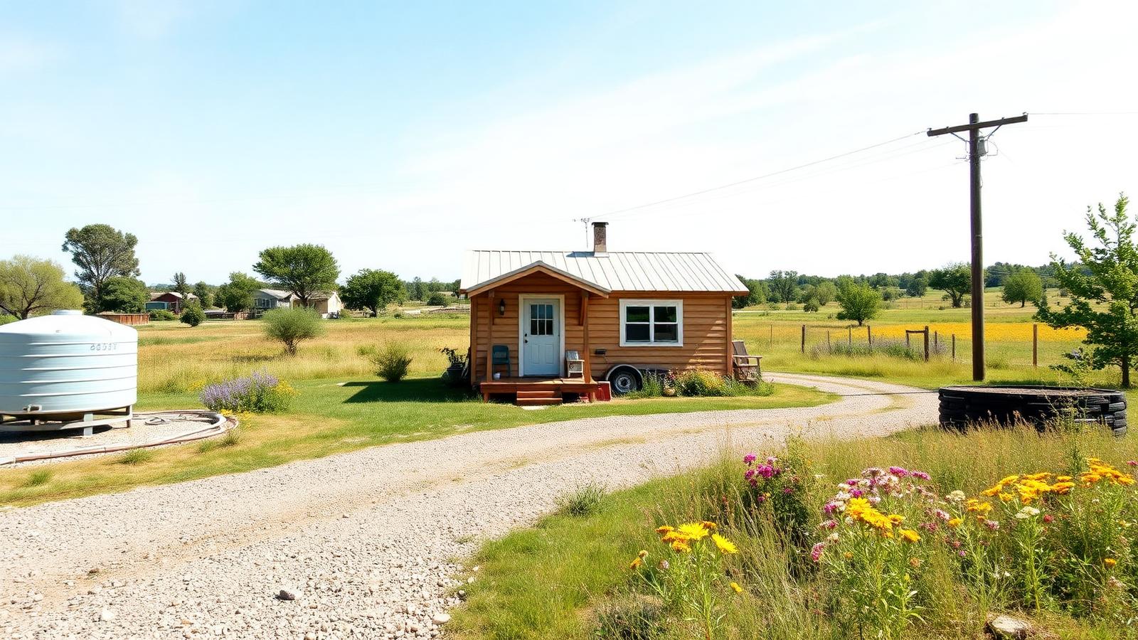 Rural site services, access and setbacks tiny home design with garden A small cabin on a paddock lot with driveway. Images and Photos created by www.house-and-garden-designs.com