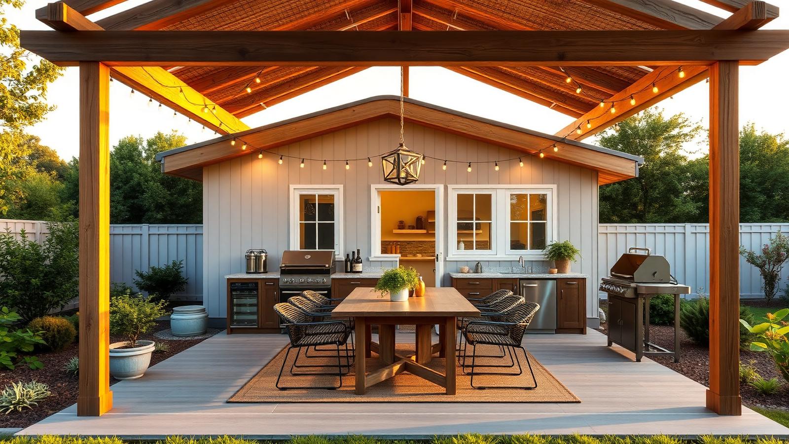The outdoor room that doubles the house tiny home design with garden A pergola-covered deck with dining table, BBQ and. Images and Photos created by www.house-and-garden-designs.com