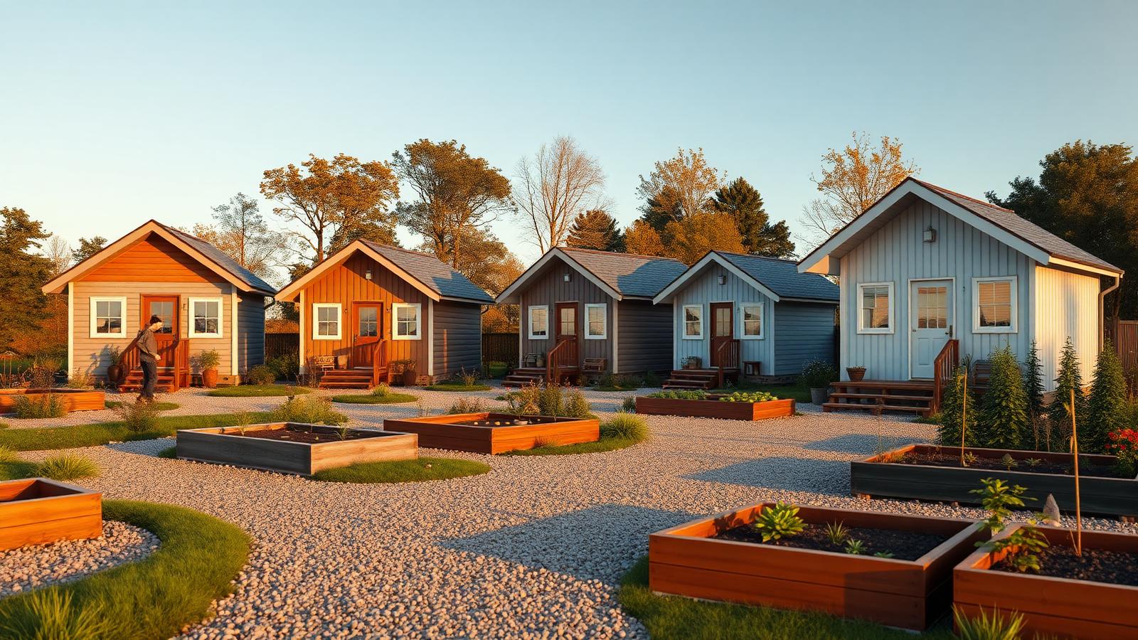A village of finished builds sharing a garden tiny home design with garden Five completed cabins around gravel paths and. Images and Photos created by www.house-and-garden-designs.com