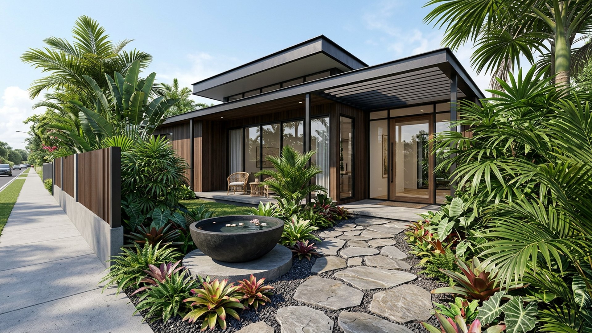 Tropical Arrival front yard landscaping concept — Forward Looking
