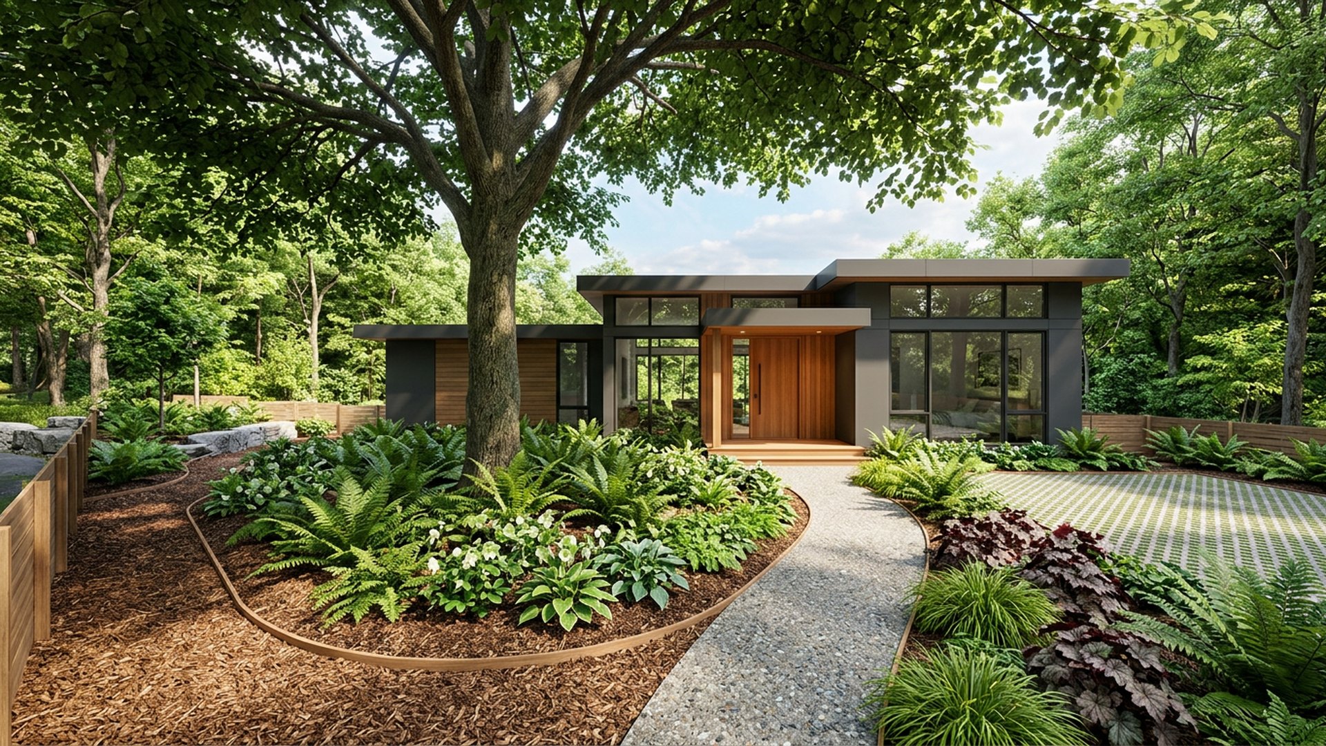 Woodland Shade Front front yard landscaping concept — Forward Looking
