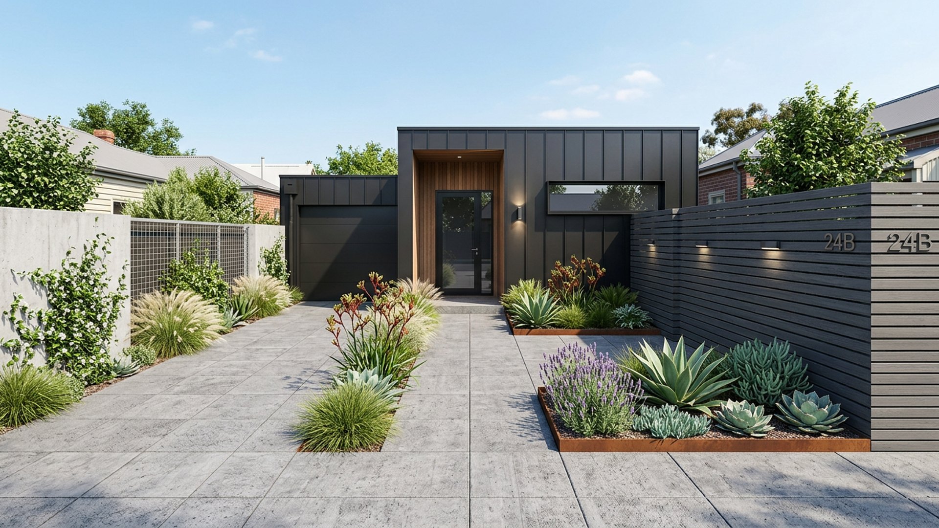 Zero Lawn Courtyard front yard landscaping concept — Forward Looking
